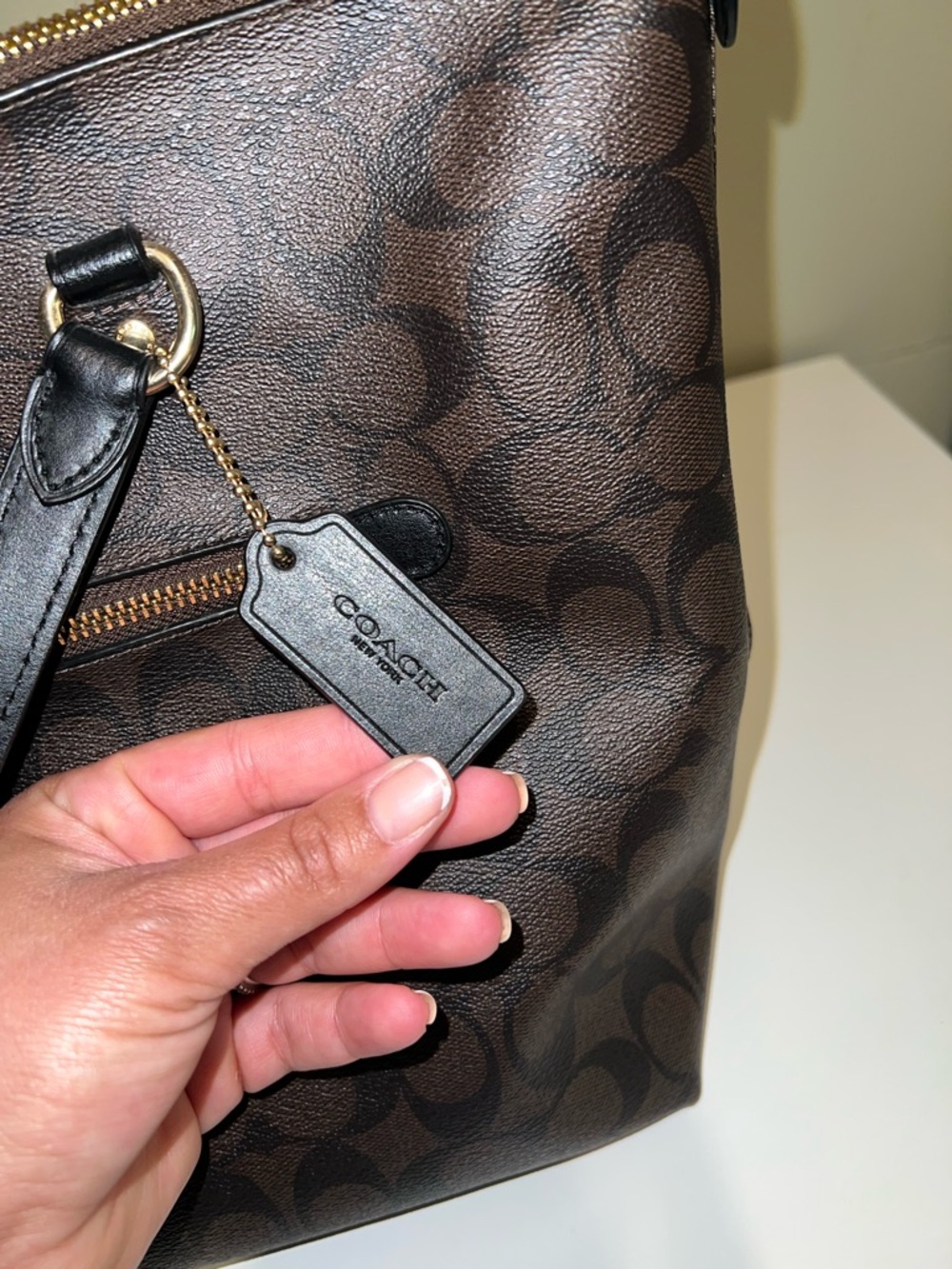 COACH Dark Brown Signature Canvas Tote with Black Straps - Picture 7 of 9